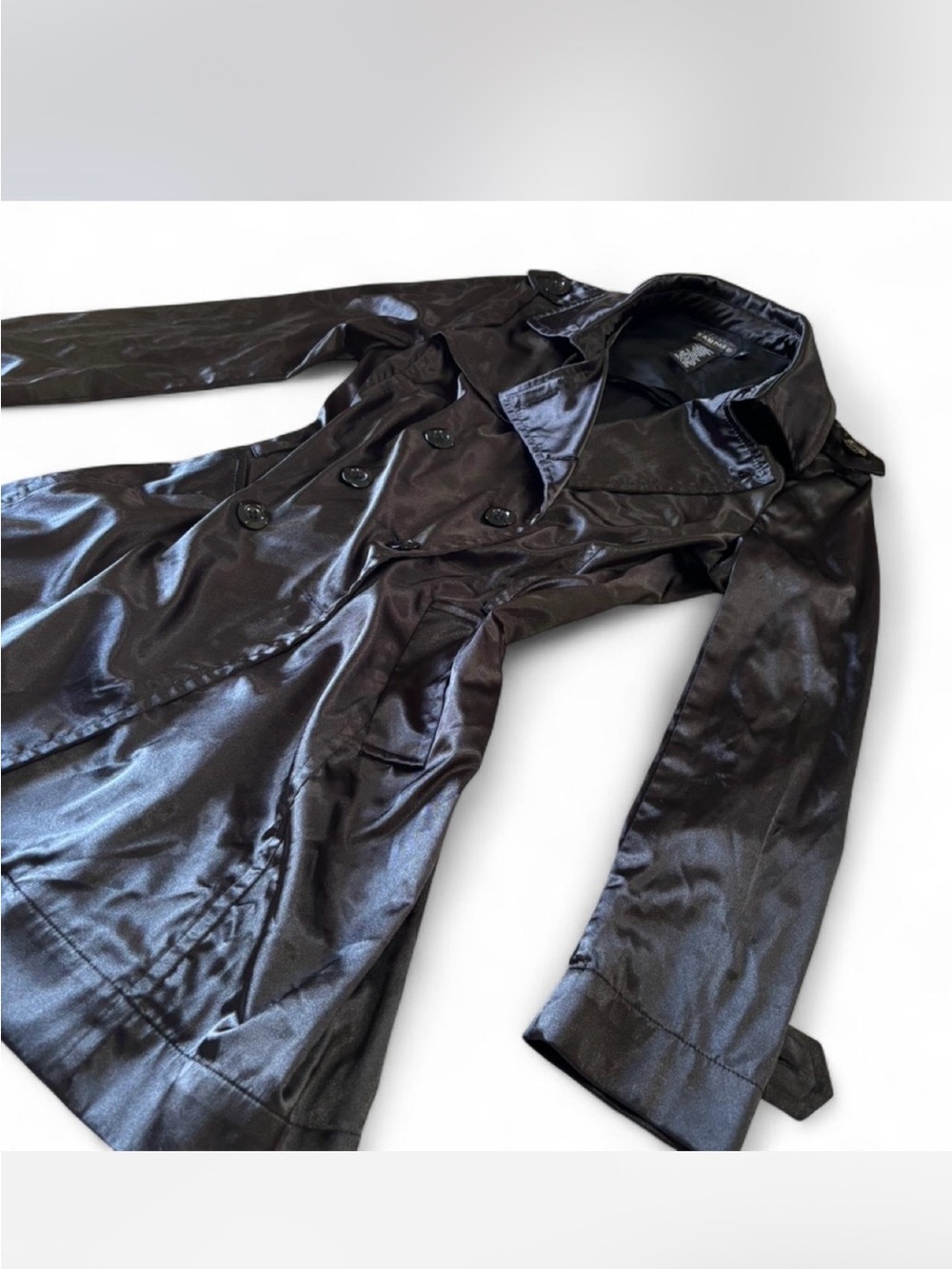 Rampage Y2K Black Satin Double-Breasted Trench Coat
